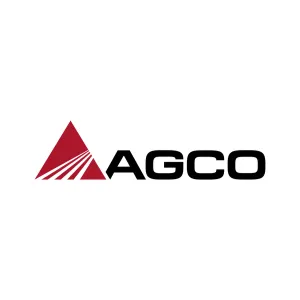 Logo of AGCO with a red triangular design symbolizing innovation in farming and black uppercase text, trusted by equipment dealers.