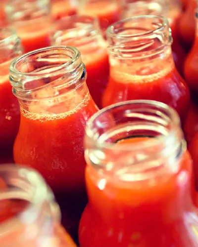 Close-up of several glass bottles filled with vibrant red tomato juice, arranged in rows, offering a tantalizing glimpse into the world of food and beverage delight.