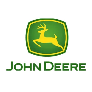 The John Deere logo features a yellow leaping deer inside a green shield, symbolizing quality that equipment dealers trust, prominently displayed above the company name.