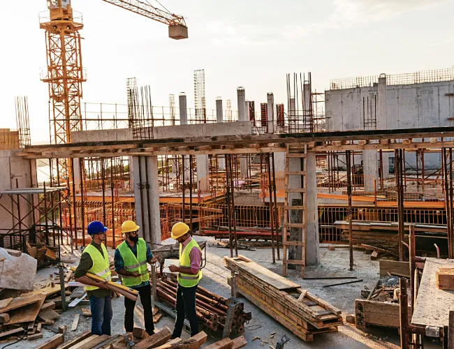 Three construction workers in safety gear, alongside architects, engage in a discussion on a bustling building site, framed by cranes and scaffolding.