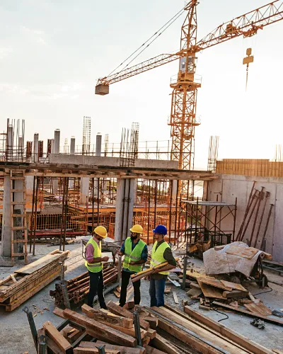 three men working at a construction site with giant crane behind them