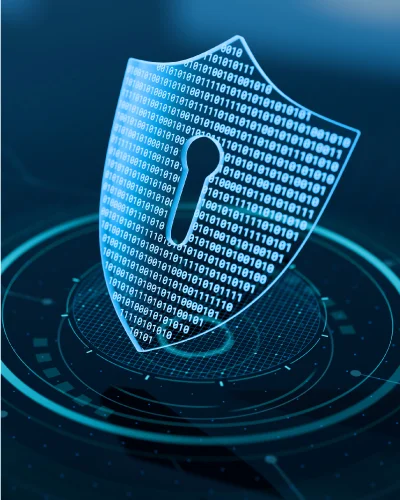 A digital shield with binary code and a keyhole symbol, representing cybersecurity, seamlessly integrates into a circular network pattern, embodying the essence of IT consulting expertise.
