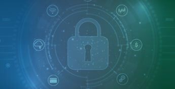 A digital illustration shows a padlock encircled by technology icons, symbolizing cybersecurity on a blue-green gradient background. This image represents the essence of IT consulting in safeguarding digital environments.