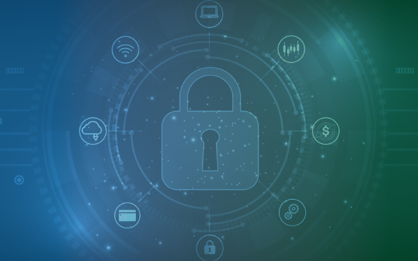 A digital illustration shows a padlock encircled by technology icons, symbolizing cybersecurity on a blue-green gradient background. This image represents the essence of IT consulting in safeguarding digital environments.