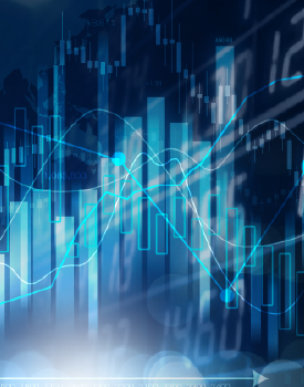 Abstract image of blue and white bar and line graphs with a world map background, depicting financial operations strategy and analysis concepts.