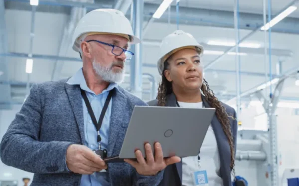 Two professionals wearing safety helmets work in a manufacturing setting. One holds a laptop, and they both appear focused on their surroundings.