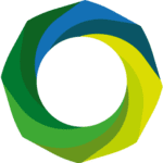 A circular logo with overlapping green, blue, and yellow sections forming a ring shape on a transparent background.