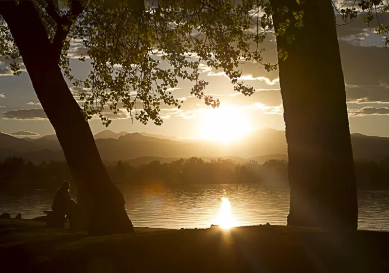 Sunset over a lake, framed by two large trees. Silhouette of a person sitting on a bench in the foreground. Mountains and scattered clouds visible in the background.