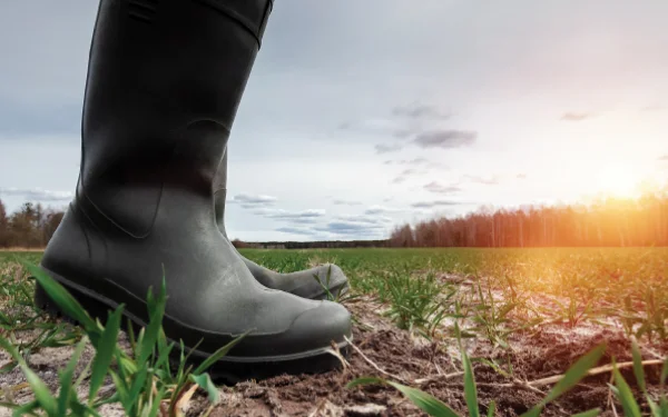 Close-up of black rubber boots standing on soil with green grass sprouting, perhaps after a session with a Land Advisory team. The sun is setting on the horizon, casting a warm light over the cloudy sky.