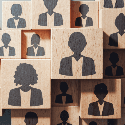 Wooden blocks with black silhouettes of various professionals are stacked together, showcasing the diversity in business. This clever arrangement highlights how HR services play a crucial role in bringing different talents together to create a harmonious workplace.