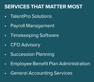 List of services provided including payroll management, timekeeping software, CFO advisory and the HR solution, TalentPro