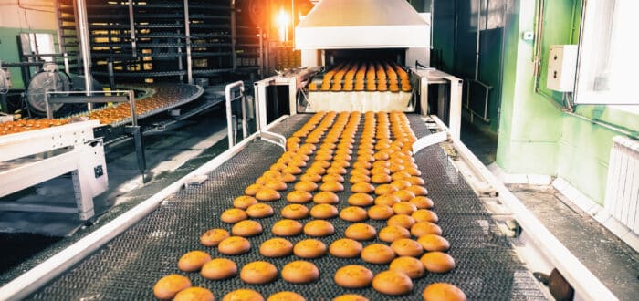Bakery production line with sweet cookies on conveyor belt in confectionery factory workshop, food production manufacturing