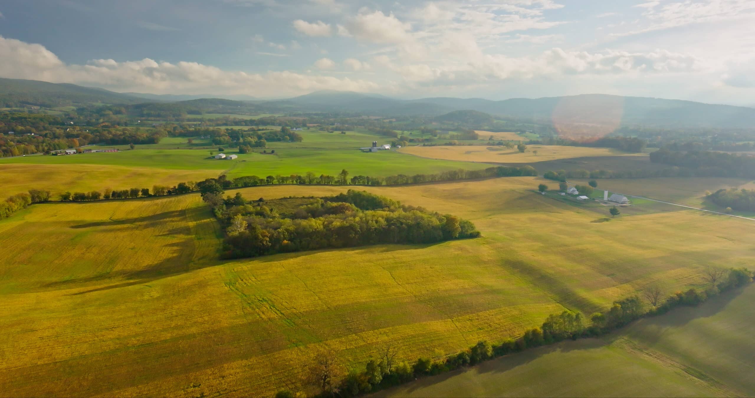 Aerial still image of farmland near Boonsboro, Maryland, taken by a drone on a Fall afternoon.