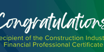 Congratulations message for receiving the Construction Industry Financial Professional Certificate, displayed on a gradient blue-green background.
