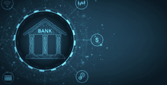 Digital illustration of a bank symbol, with FDIC insurance prominently highlighted, surrounded by icons representing technology and finance on a blue network background.