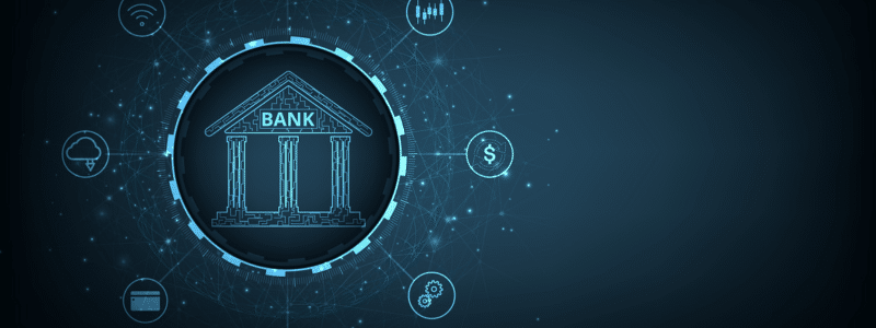 Digital illustration of a bank symbol, with FDIC insurance prominently highlighted, surrounded by icons representing technology and finance on a blue network background.