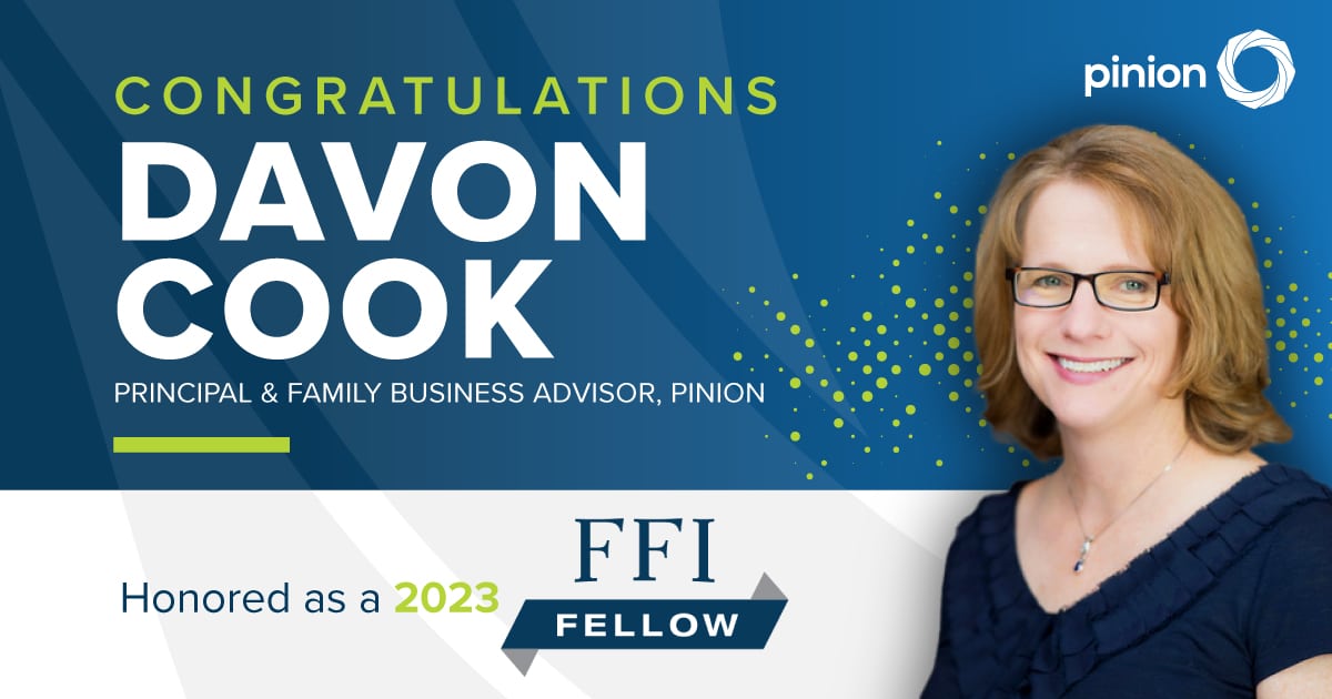Banner congratulating Davon Cook as a 2023 Family Firm Institute (FFI) Fellow. Features her photo, job title as Principal & Family Business Advisor, and the Pinion logo.