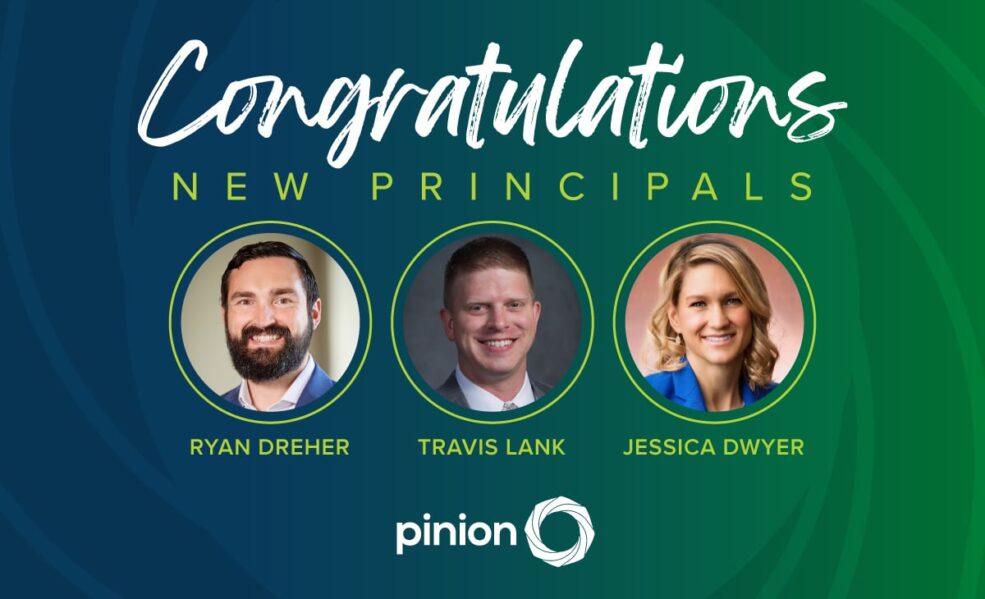 Pinion is thrilled to announce the appointment of our new principals: Ryan Dreher, Travis Lank, and Jessica Dwyer. Join us in celebrating their achievements with the Pinion Principal announcement prominently displayed alongside our logo at the bottom.