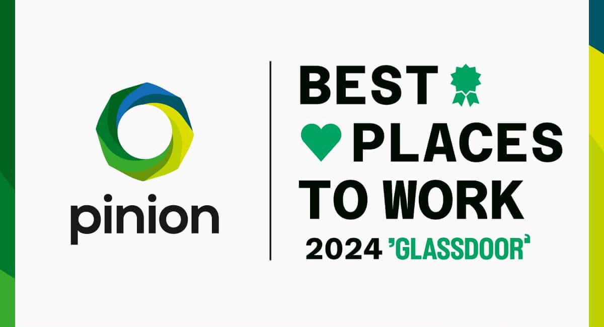 Pinion logo with text: "Best Places to Work 2024" and "Glassdoor" on a green gradient background.