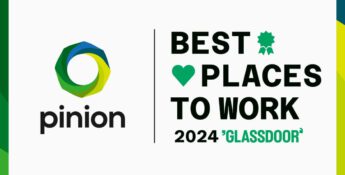 Pinion logo with text: "Best Places to Work 2024" and "Glassdoor" on a green gradient background.