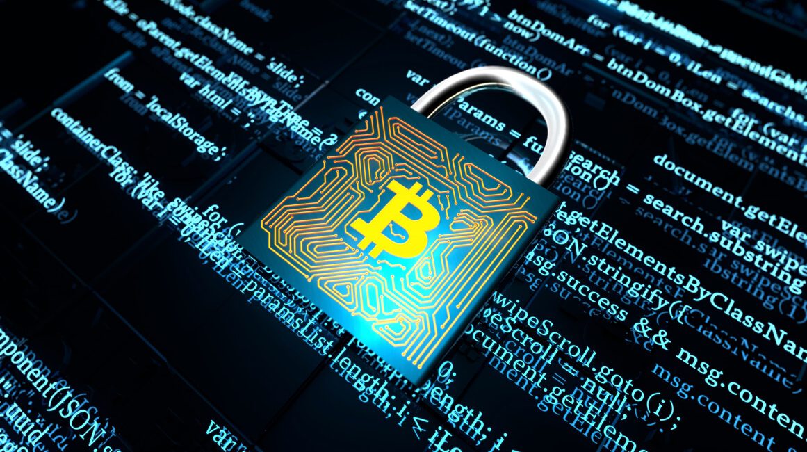 A glowing bitcoin-themed padlock sits atop digital code, symbolizing blockchain security while highlighting the constant vigilance needed to combat crypto scams.