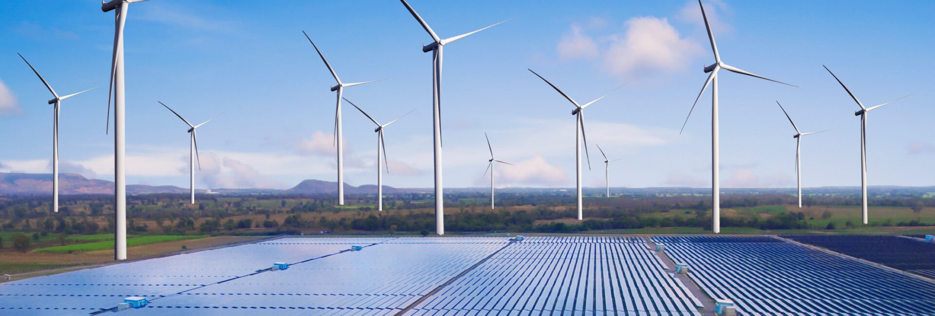 Wind turbines and solar panels gracefully stand in a field under a blue sky, perfectly showcasing the beauty of renewable energy.