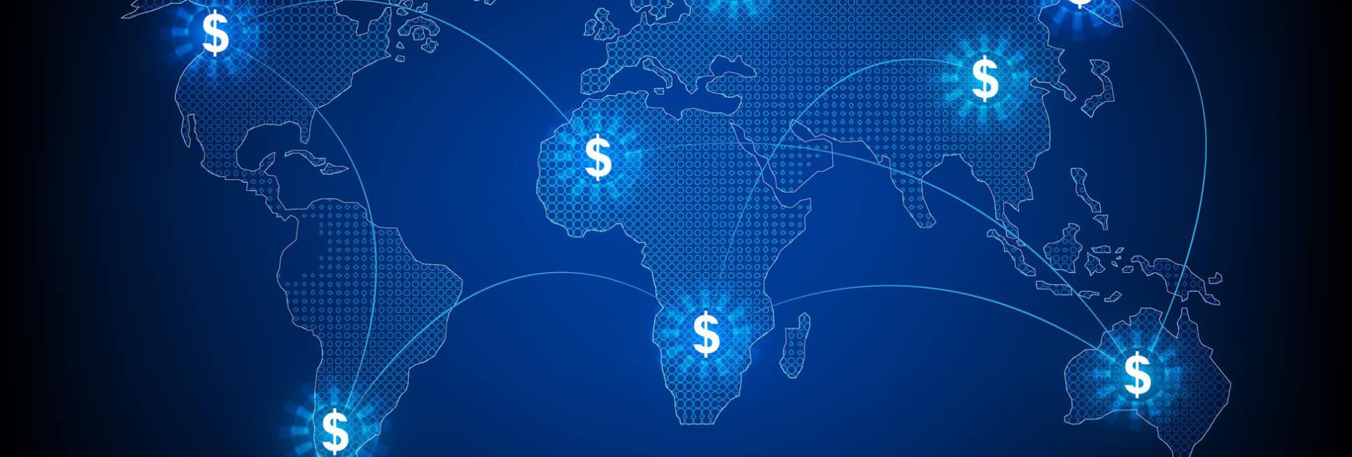 World map with glowing dollar signs and connecting lines, symbolizing global financial connections, economies, and the intricate web of transfer pricing.