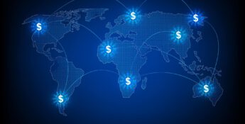 World map with glowing dollar signs and connecting lines, symbolizing global financial connections, economies, and the intricate web of transfer pricing.