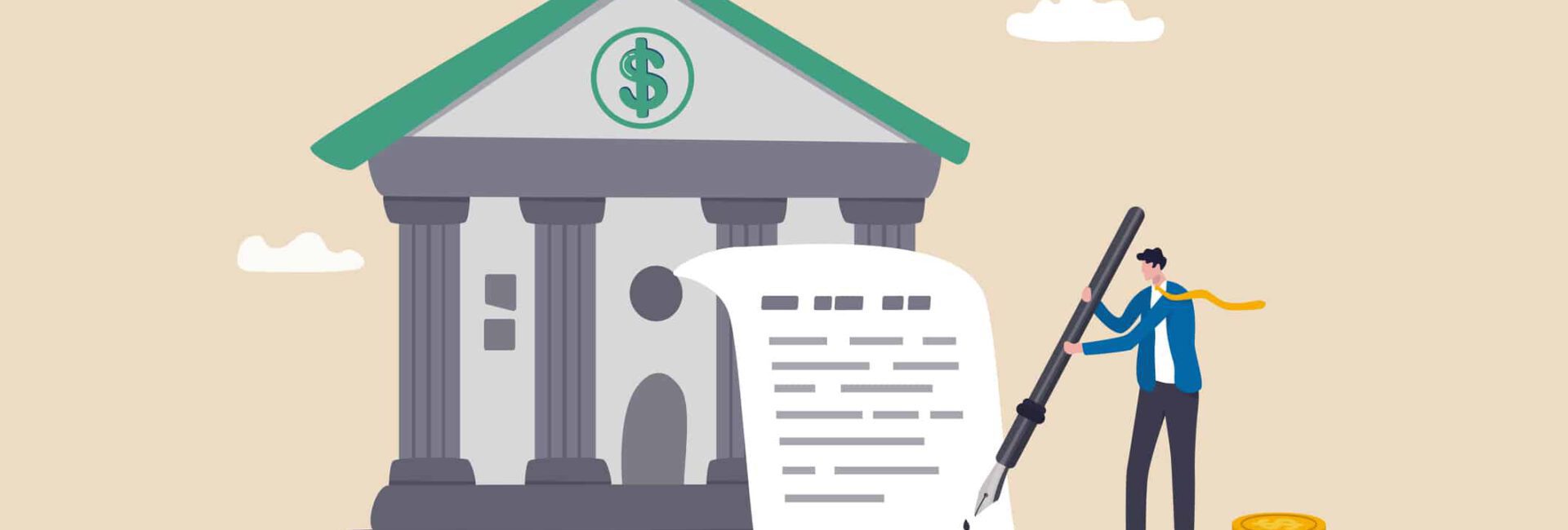 Illustration of a man signing a contract with a bank building in the background, surrounded by gold coins, symbolizing small business lending opportunities.