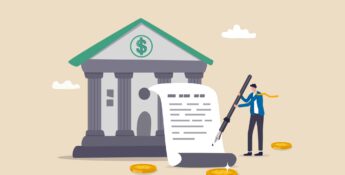 Illustration of a man signing a contract with a bank building in the background, surrounded by gold coins, symbolizing small business lending opportunities.