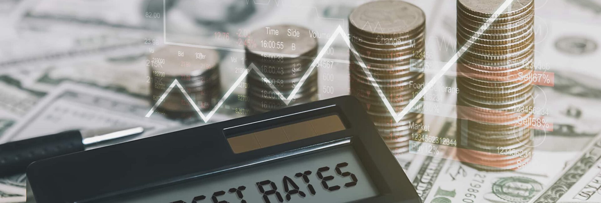 A calculator flashes "High Interest Rates 2024" amid stacked coins and a fluctuating graph layered over a backdrop of dollar bills.