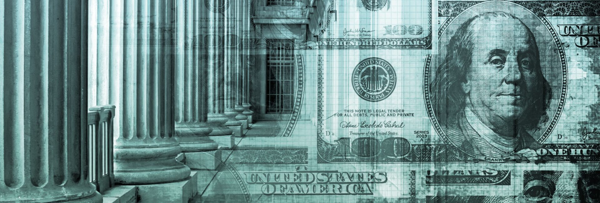 Composite image of classical columns infused with the essence of CECL adoption, overlaid with faded images of U.S. one hundred dollar bills, featuring Benjamin Franklin's portrait.