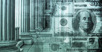 Composite image of classical columns infused with the essence of CECL adoption, overlaid with faded images of U.S. one hundred dollar bills, featuring Benjamin Franklin's portrait.