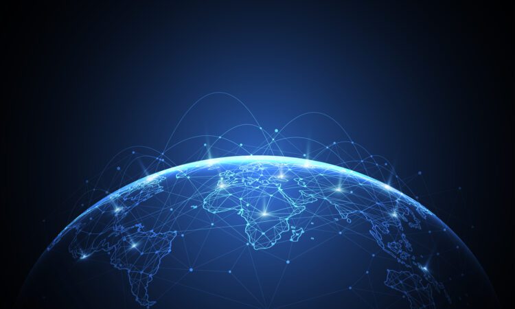 Digital illustration of a glowing Earth with network lines and nodes, representing global connectivity.