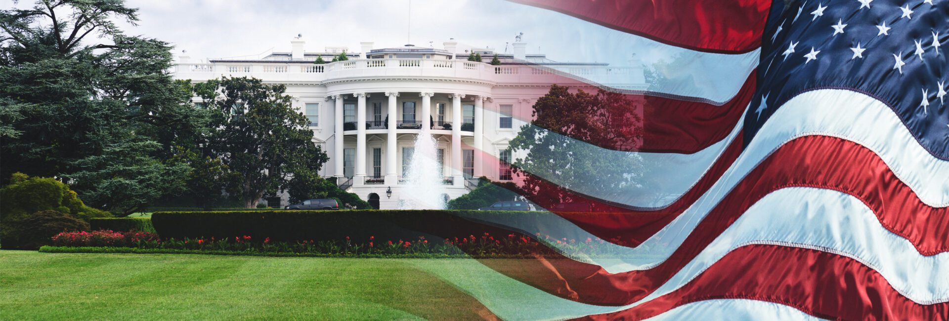 The White House, adorned with an overlay of the American flag gently waving in the foreground, symbolizes a harmonious blend of tradition and diligence, much like a year-end checklist for manufacturers ensuring every detail is meticulously accounted for.