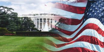 The White House, adorned with an overlay of the American flag gently waving in the foreground, symbolizes a harmonious blend of tradition and diligence, much like a year-end checklist for manufacturers ensuring every detail is meticulously accounted for.