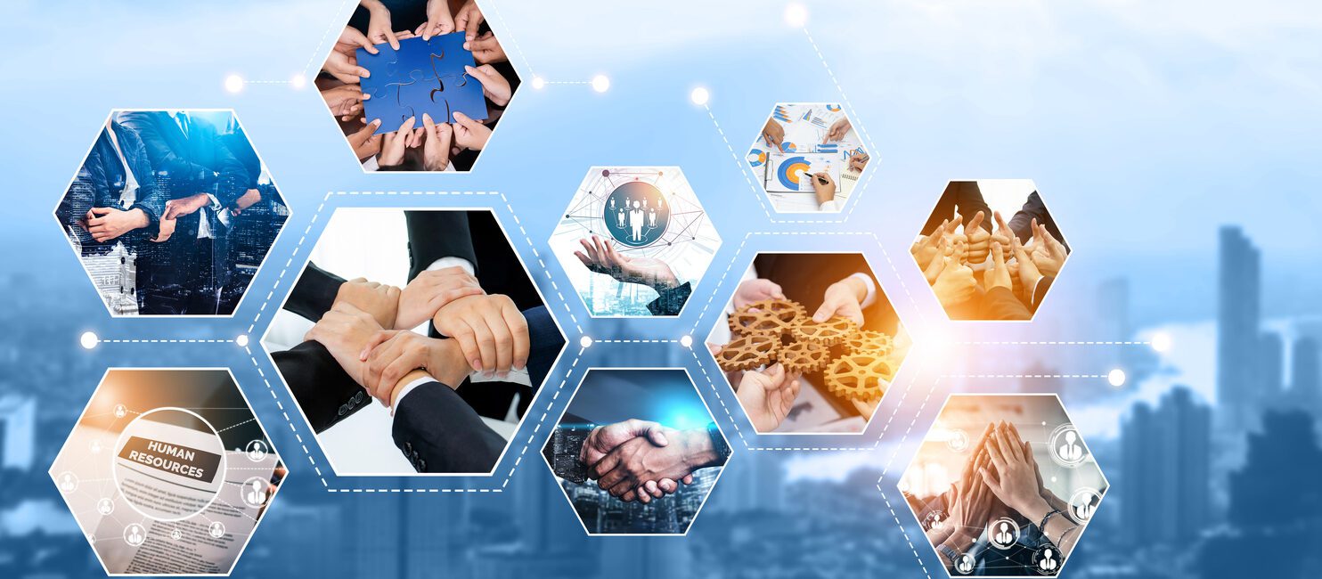 Collage of hexagonal images showing teamwork, collaboration, and human resource concepts against a cityscape background.