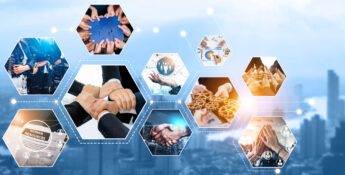 Collage of hexagonal images showing teamwork, collaboration, and human resource concepts against a cityscape background.