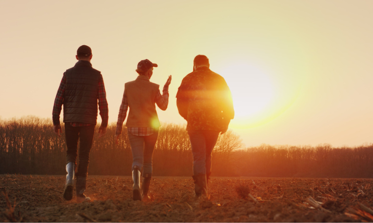 Three people walk on a farmland during sunset, wearing boots and casual outdoor clothing.