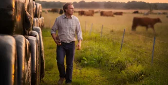 A man walks beside stacked hay bales in a field with grazing cows in the background.