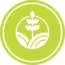 A white plant icon inside a green circle, with stylized leaves and soil lines, representing agriculture or eco-friendly themes.