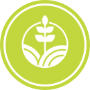 A white plant icon inside a green circle, with stylized leaves and soil lines, representing agriculture or eco-friendly themes.