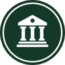 A white icon of a classical building with three columns inside a dark green circle.