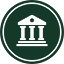 A white icon of a classical building with three columns inside a dark green circle.