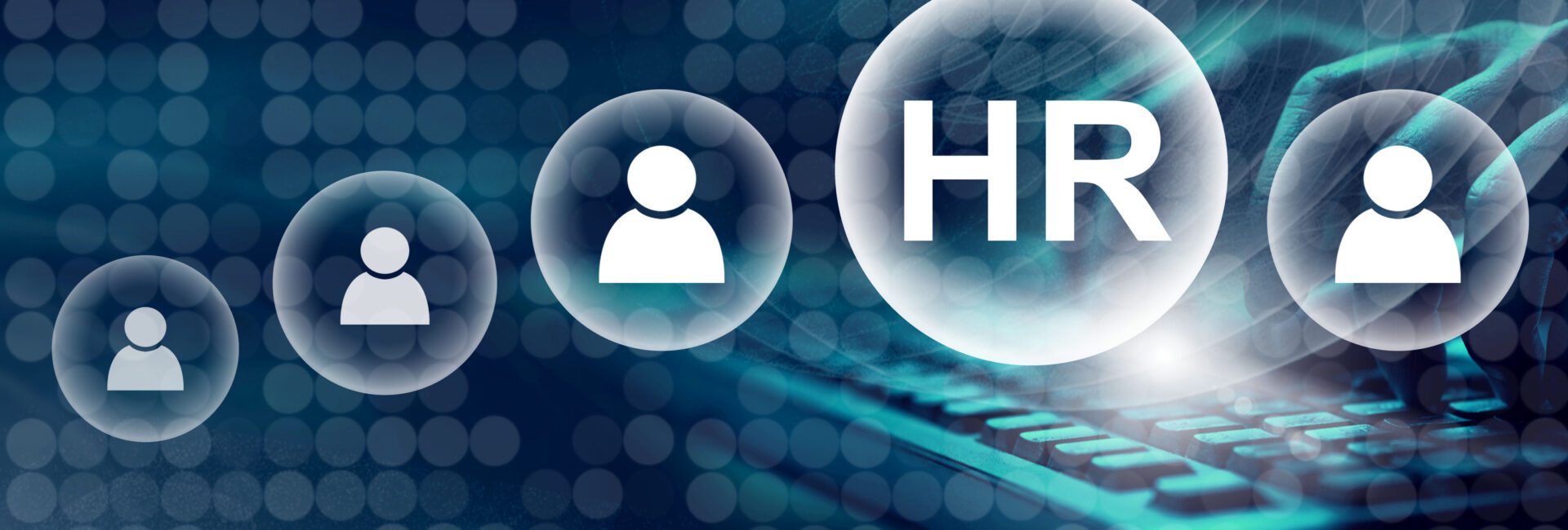 A digital illustration of a keyboard adorned with transparent user icons and a prominent "HR" icon symbolizes human resources, digital connectivity, and the integration of Paid Time Off (PTO) management.