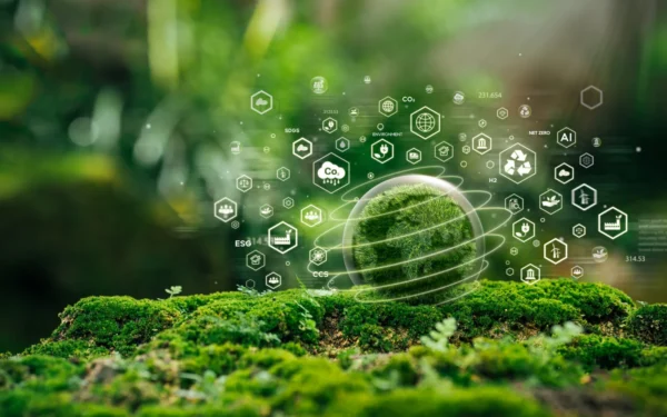 A mossy landscape with digital environmental icons overlay, featuring symbols like CO2, renewable energy, and sustainability, suggesting a connection between nature and technology.