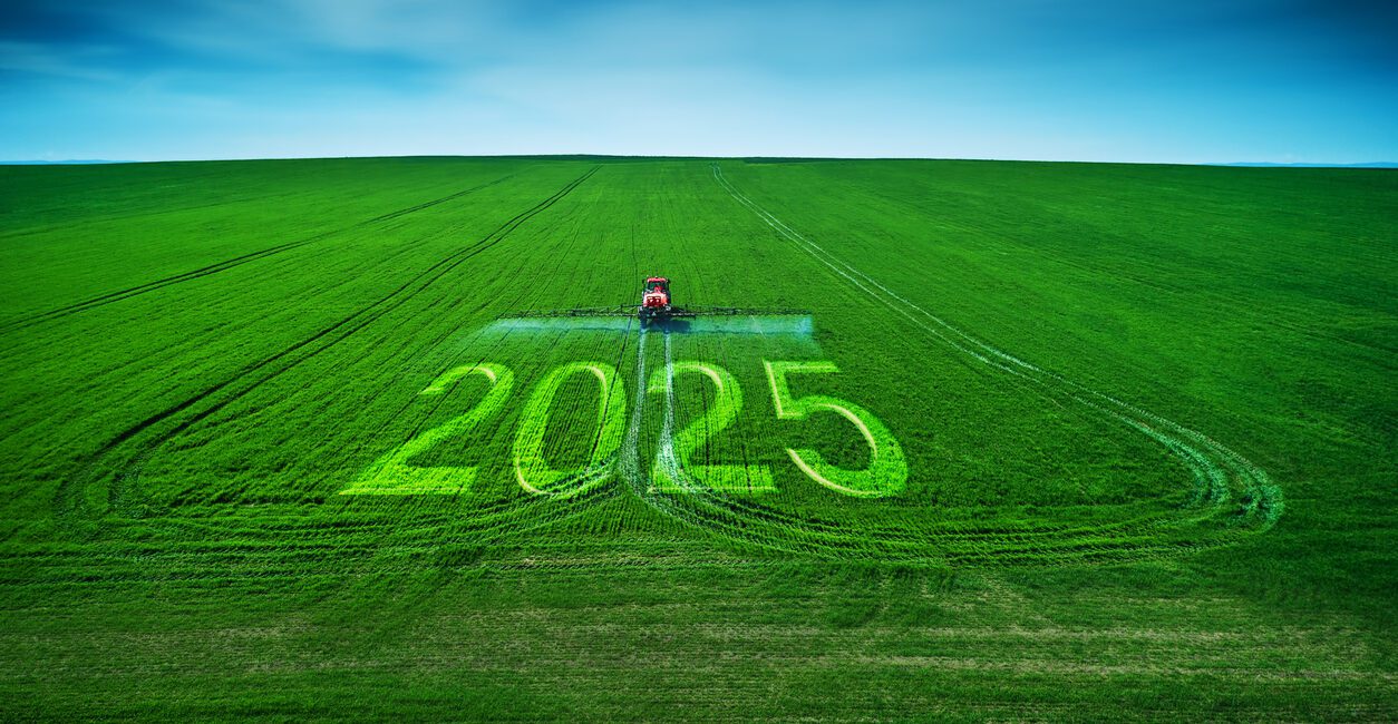 Against a backdrop of a clear blue sky, a red tractor in a green field spells out "2025" in large letters, reminiscent of the precision needed for tax planning in today's complex political climate.