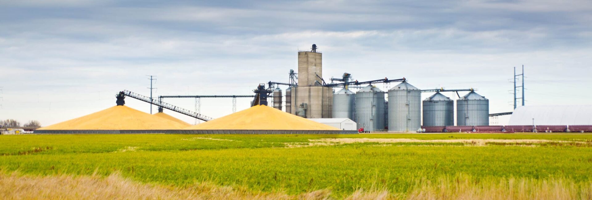Large grain silos and piles near a processing facility on a cloudy day, with green fields in the foreground.