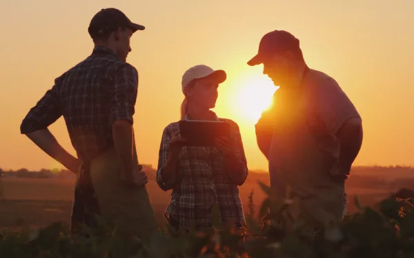 Three farmers stand in a field at sunset, one holding a tablet. All wear caps, and two have aprons. The sun is low on the horizon, casting a warm glow.