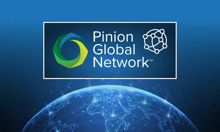 Pinion Global Network Logo Logo of Pinion Global Network with a stylized globe and network icon, set against a digital blue earth with connected lines.